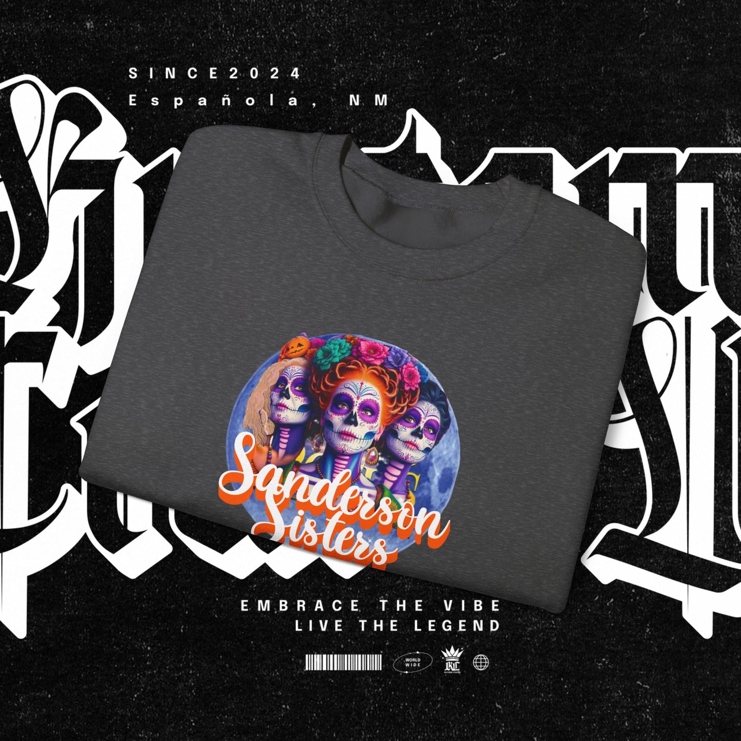 Sanderson Sisters Day of the Dead Crewneck Sweatshirt, Cozy Sweatshirt for Fall, Halloween Outfit, Gift for Sister, Skull Art Apparel
