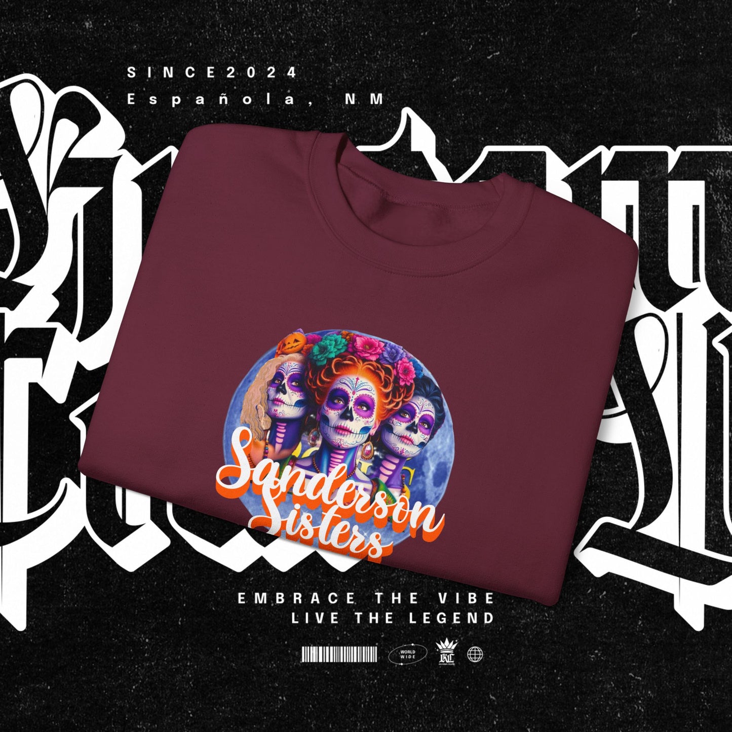 Sanderson Sisters Day of the Dead Crewneck Sweatshirt, Cozy Sweatshirt for Fall, Halloween Outfit, Gift for Sister, Skull Art Apparel