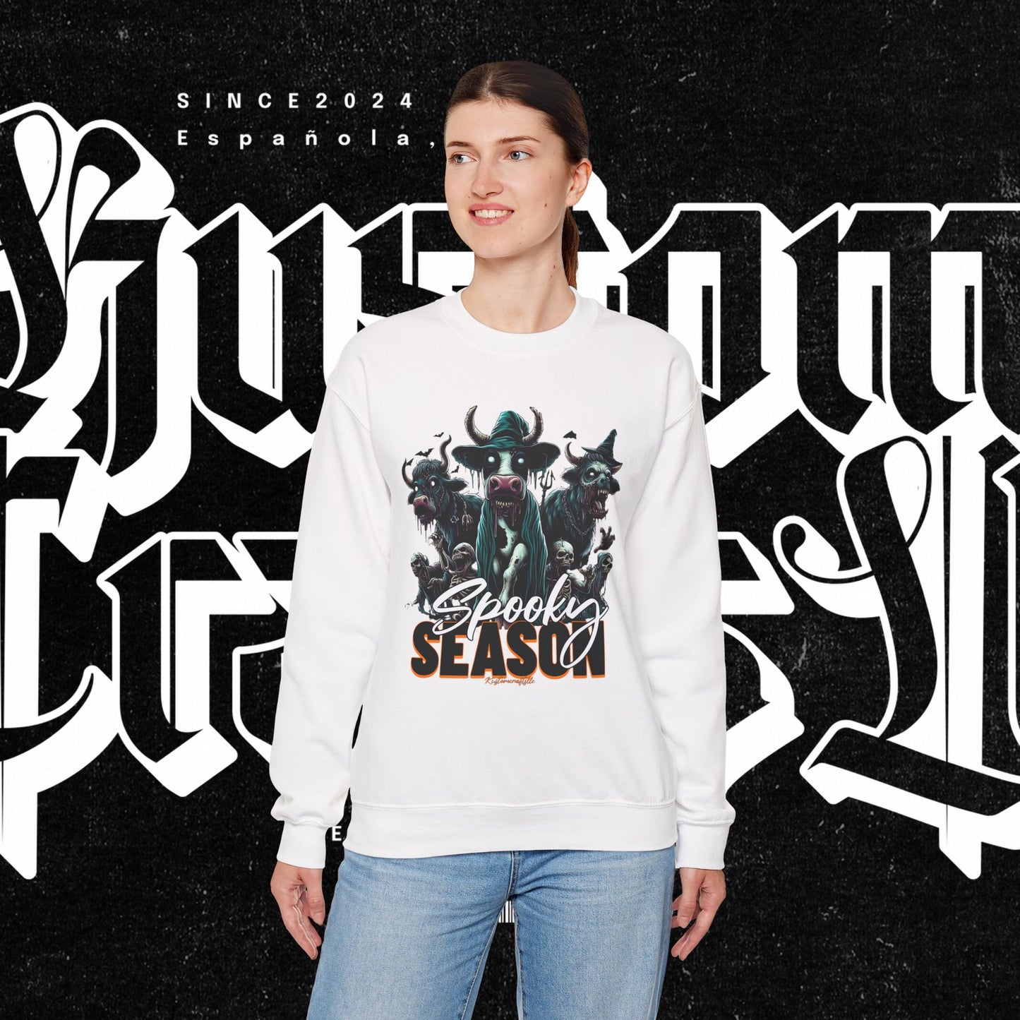 Spooky Cow Season Crewneck Sweatshirt, Halloween Apparel, Unisex Halloween Sweatshirt, Cozy Fall Fashion, Unique Gift Idea