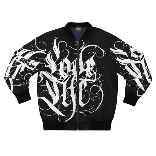 Bomber Jacket, Street Style "Love Life" Graffiti Urban Fashion Outerwear, Trendy Black Jacket, Graphic Print Gift, Valentine's Style Wear, Unisex Apparel