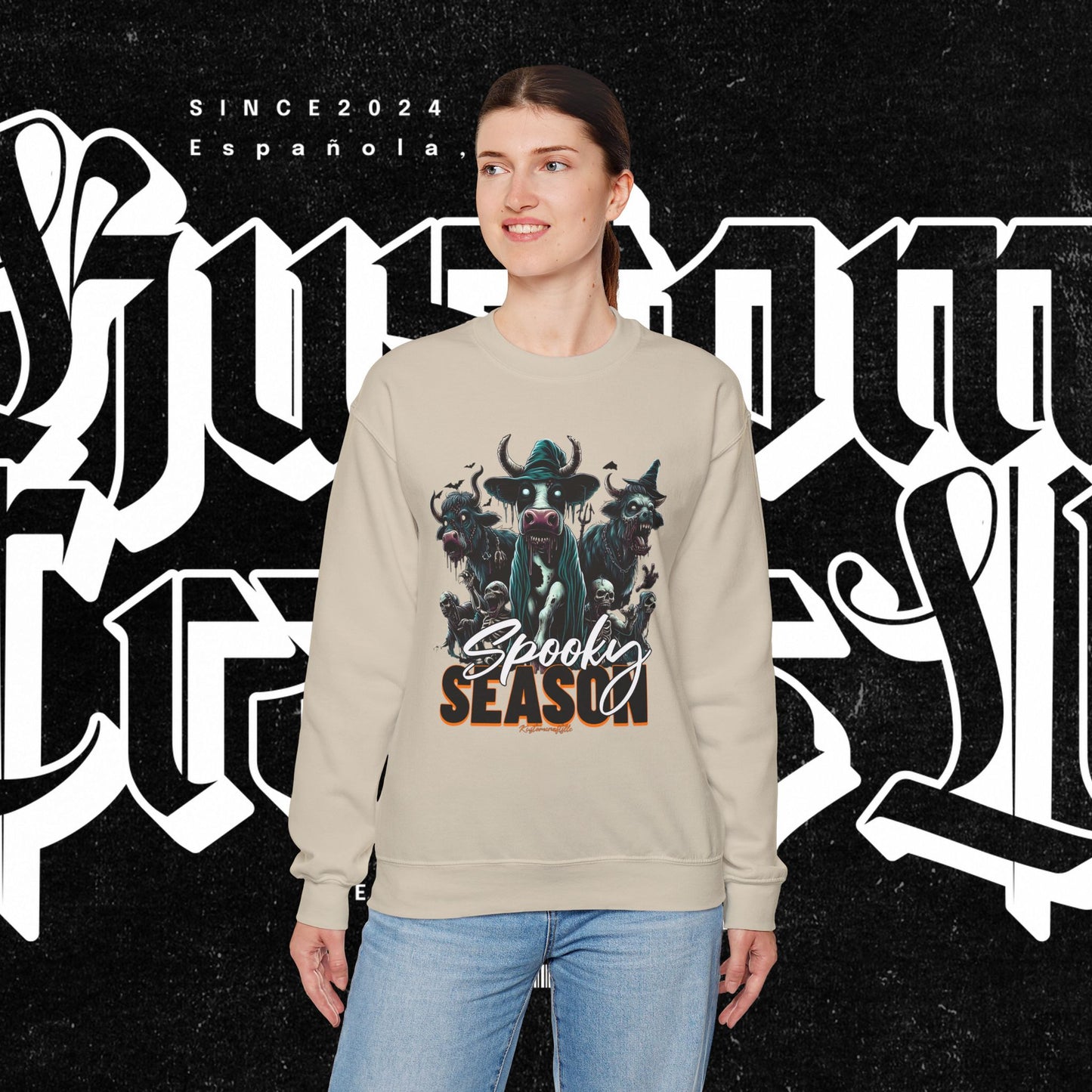 Spooky Cow Season Crewneck Sweatshirt, Halloween Apparel, Unisex Halloween Sweatshirt, Cozy Fall Fashion, Unique Gift Idea