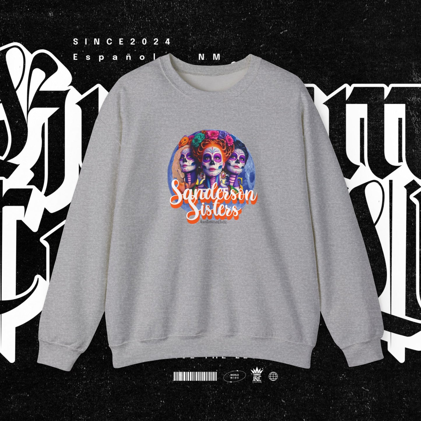 Sanderson Sisters Day of the Dead Crewneck Sweatshirt, Cozy Sweatshirt for Fall, Halloween Outfit, Gift for Sister, Skull Art Apparel