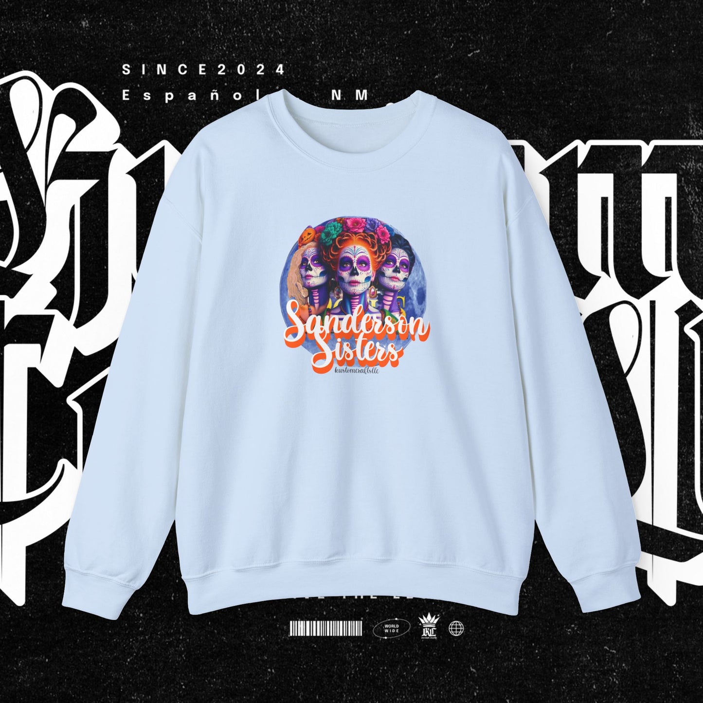 Sanderson Sisters Day of the Dead Crewneck Sweatshirt, Cozy Sweatshirt for Fall, Halloween Outfit, Gift for Sister, Skull Art Apparel