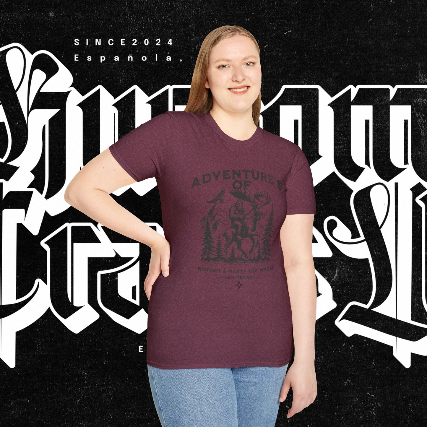 Adventure's of Bigfoot & Marty The Moose Unisex T-Shirt, Travel Tee, Outdoor Graphic Shirt, Nature Lover Gift, Moose Adventure Apparel