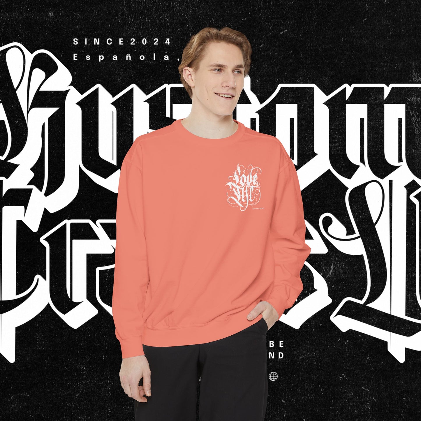 Love Life Graffiti Garment-Dyed Sweatshirt for Cozy Days, Unisex Comfortable Crewneck, Perfect Gift for Birthdays, Holidays, Casual Wear