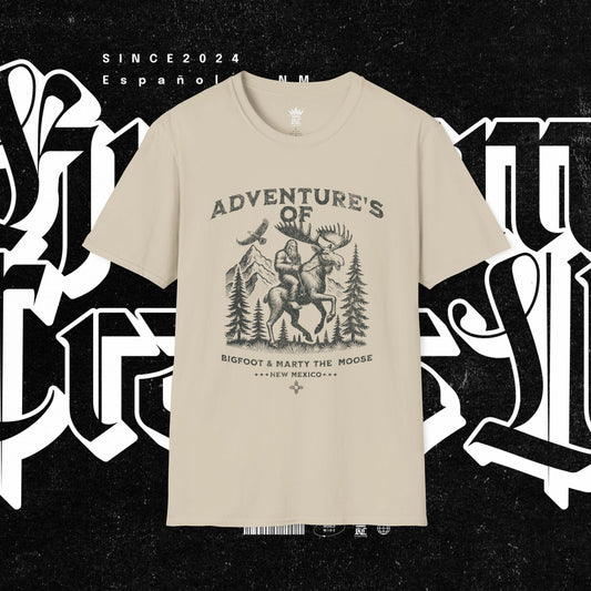 Adventure's of Bigfoot & Marty The Moose Unisex T-Shirt, Travel Tee, Outdoor Graphic Shirt, Nature Lover Gift, Moose Adventure Apparel