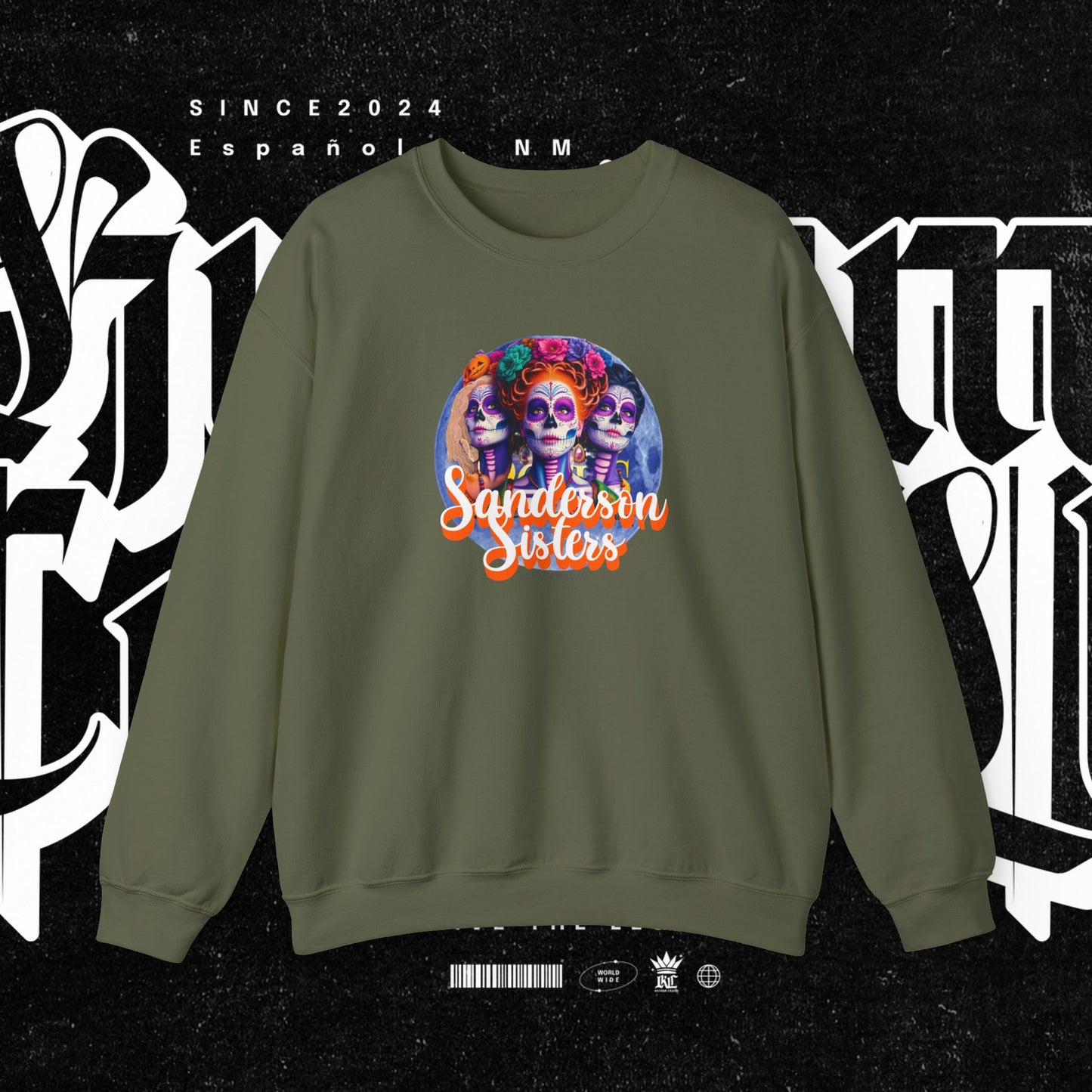 Sanderson Sisters Day of the Dead Crewneck Sweatshirt, Cozy Sweatshirt for Fall, Halloween Outfit, Gift for Sister, Skull Art Apparel