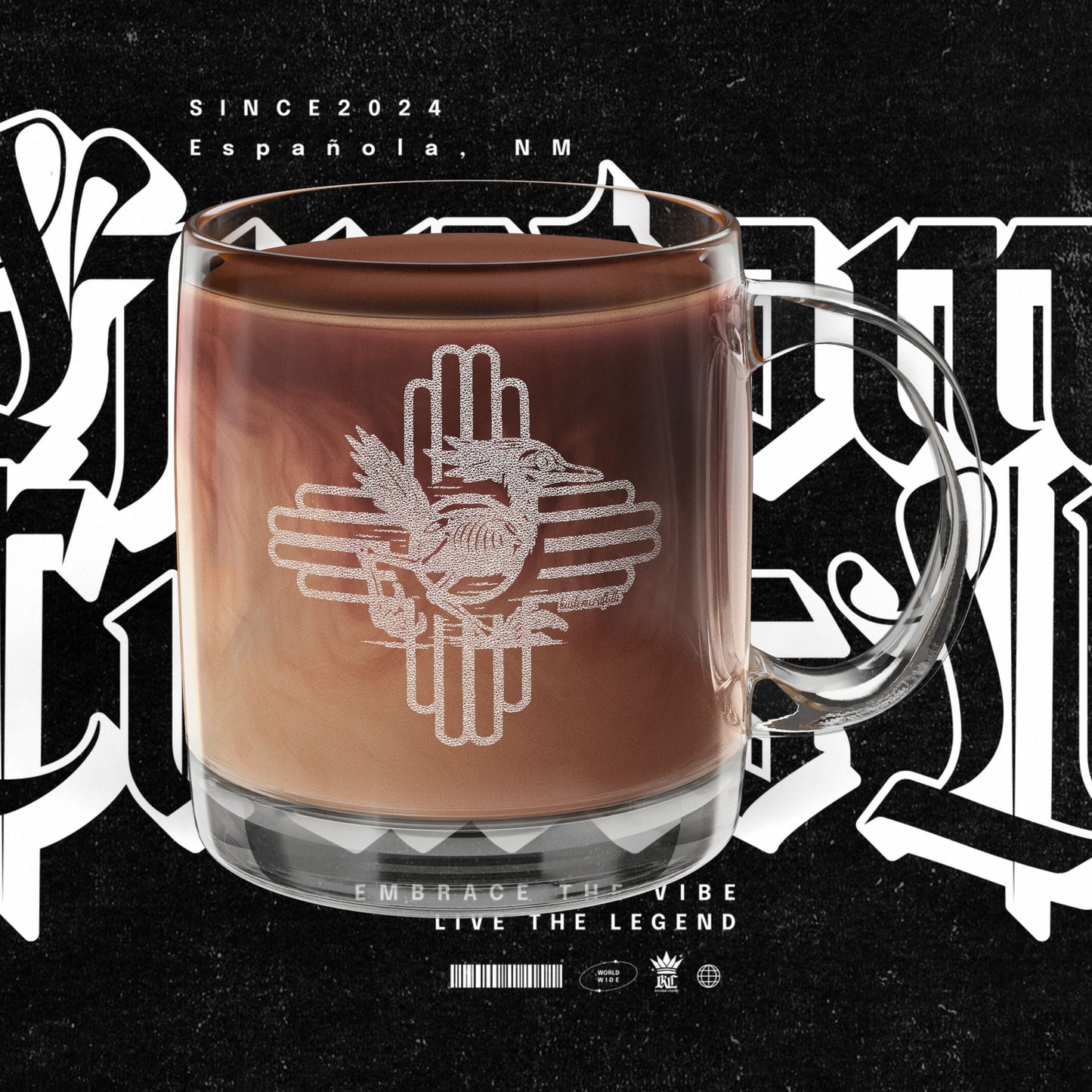 Engraved Glass Mug - NM Roadrunner Zia Symbol Design