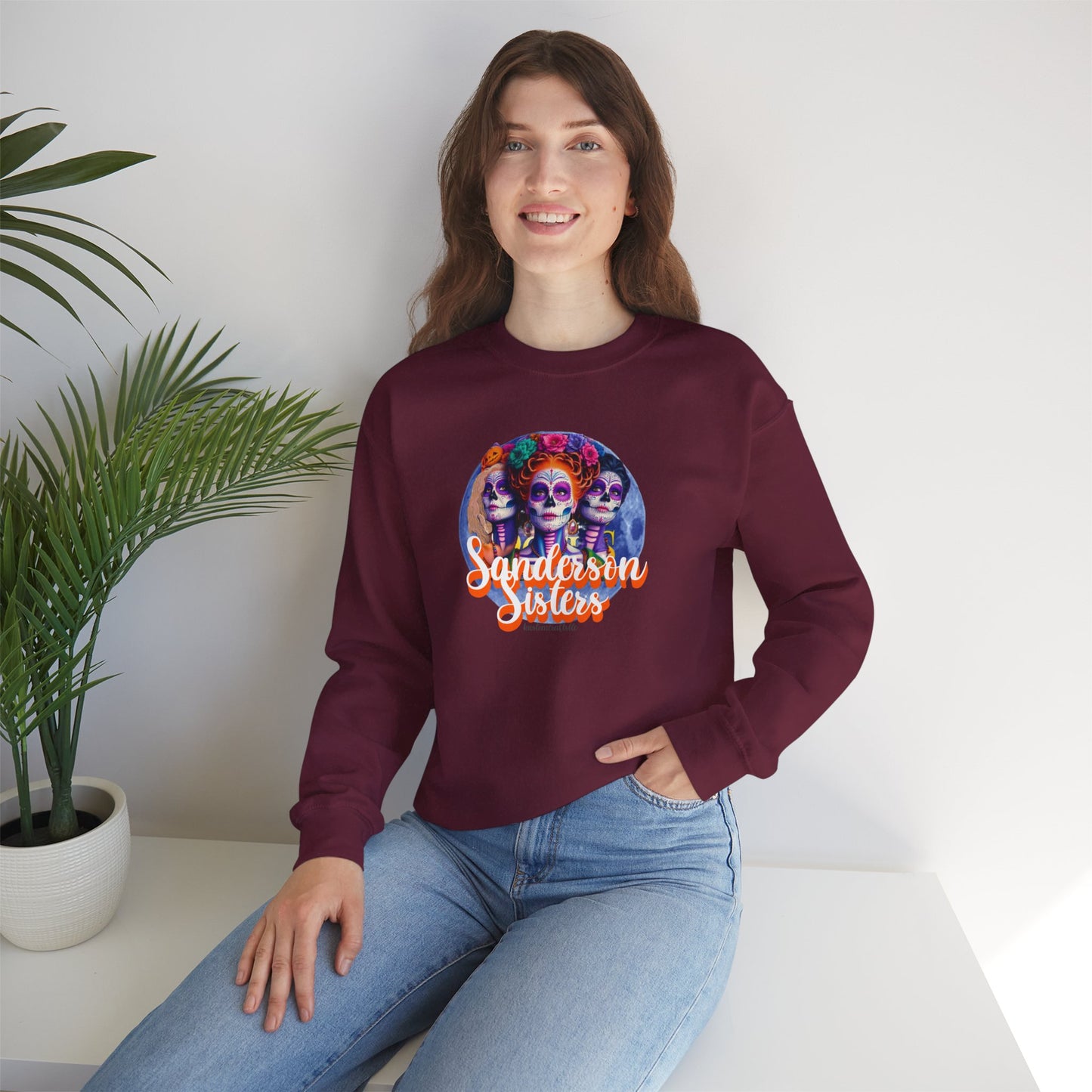 Sanderson Sisters Day of the Dead Crewneck Sweatshirt, Cozy Sweatshirt for Fall, Halloween Outfit, Gift for Sister, Skull Art Apparel