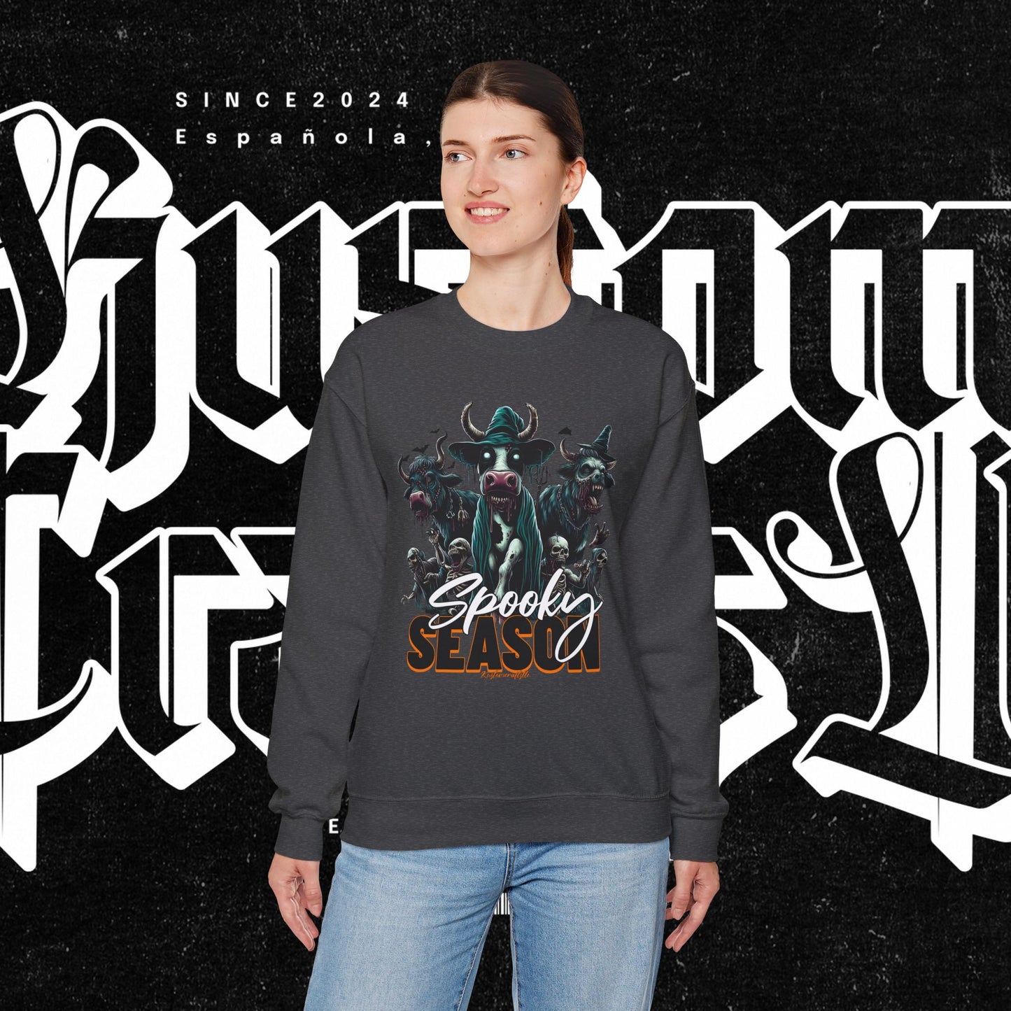 Spooky Cow Season Crewneck Sweatshirt, Halloween Apparel, Unisex Halloween Sweatshirt, Cozy Fall Fashion, Unique Gift Idea
