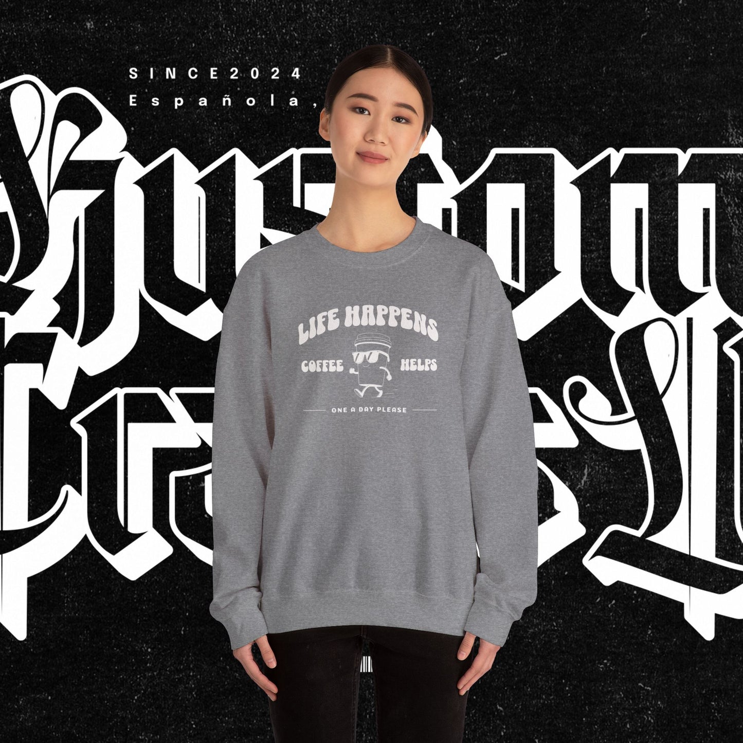 Life Happens Coffee Helps Sweatshirt, Funny Quote Jumper, Cozy Pullover, Gift for Coffee Lovers, Crew Neck Sweater, Comfy Shirt