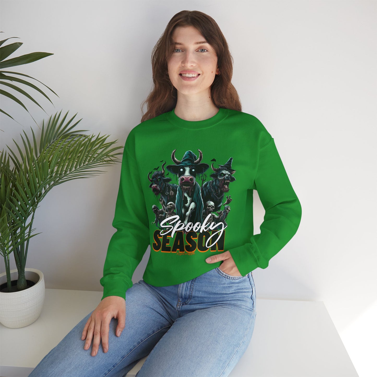 Spooky Cow Season Crewneck Sweatshirt, Halloween Apparel, Unisex Halloween Sweatshirt, Cozy Fall Fashion, Unique Gift Idea