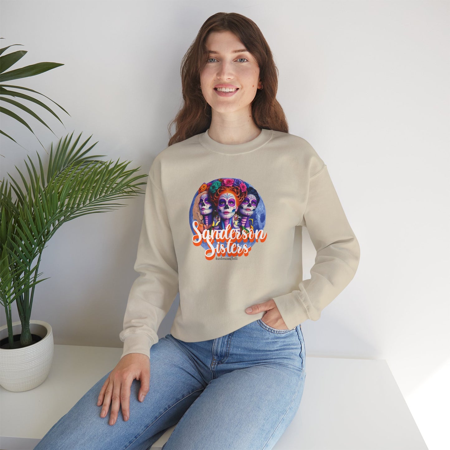 Sanderson Sisters Day of the Dead Crewneck Sweatshirt, Cozy Sweatshirt for Fall, Halloween Outfit, Gift for Sister, Skull Art Apparel