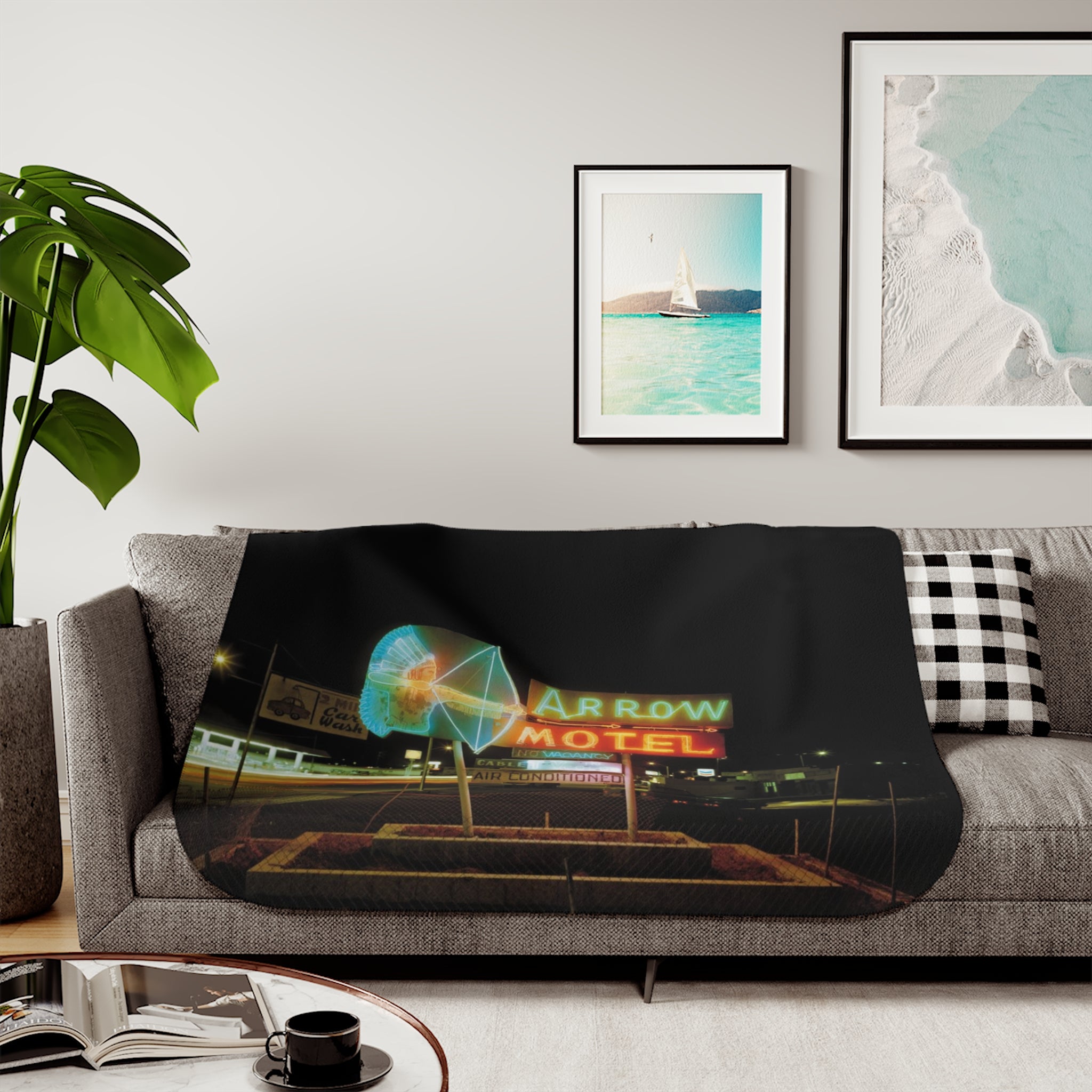 Neon Arrow Motel Sherpa Blanket — Retro Neon Sign Cozy Throw