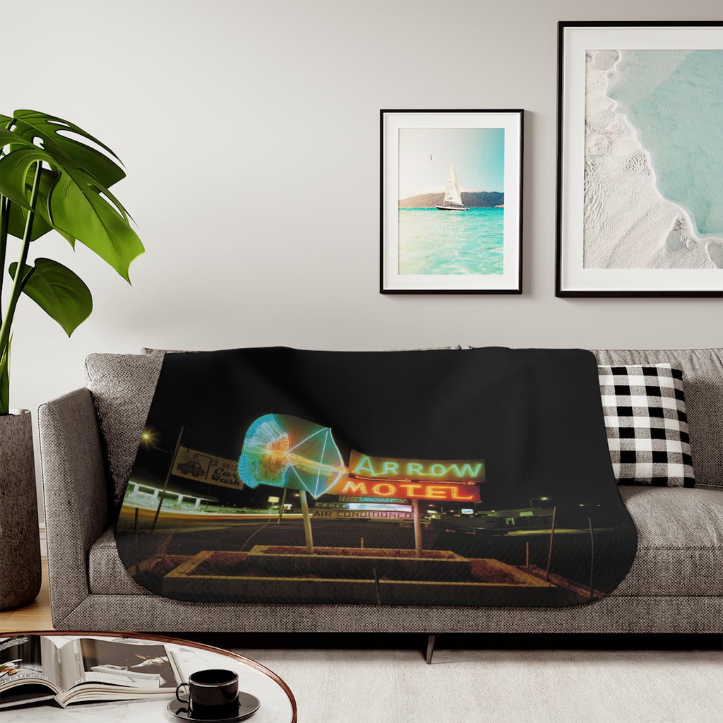 Neon Arrow Motel Sherpa Blanket — Retro Neon Sign Cozy Throw