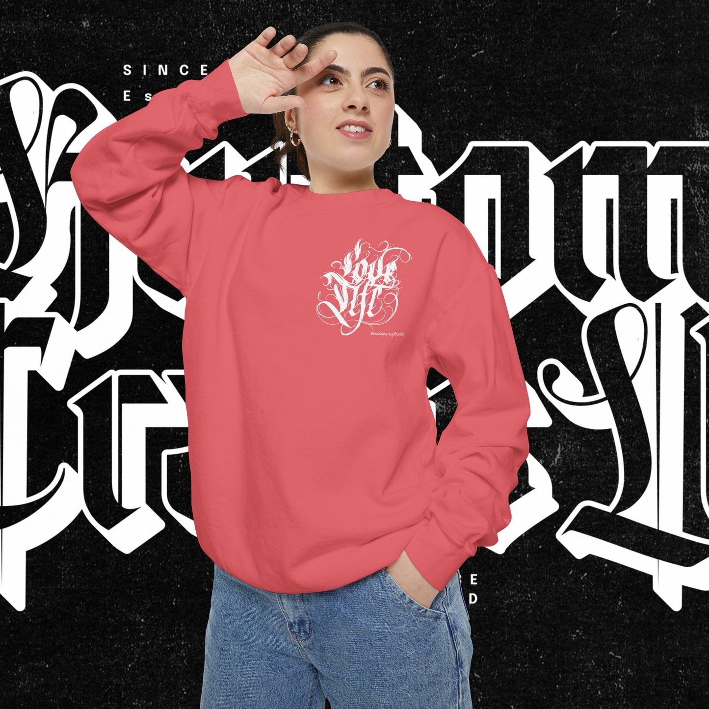 Love Life Graffiti Garment-Dyed Sweatshirt for Cozy Days, Unisex Comfortable Crewneck, Perfect Gift for Birthdays, Holidays, Casual Wear