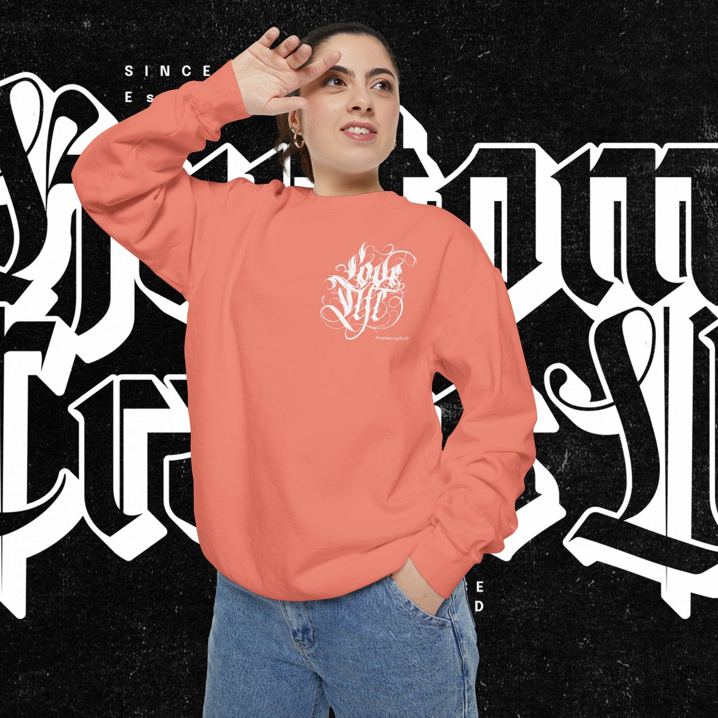 Love Life Graffiti Garment-Dyed Sweatshirt for Cozy Days, Unisex Comfortable Crewneck, Perfect Gift for Birthdays, Holidays, Casual Wear