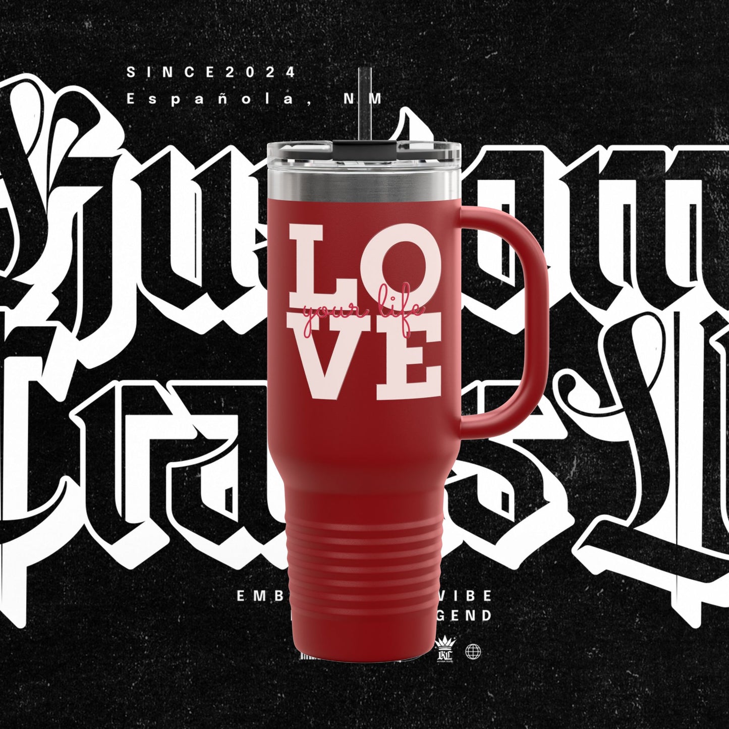 Love Your Life Insulated Travel Mug, 40oz - Motivational Coffee Cup for Commuters, Inspirational Tea Tumbler, Positive Energy Drinkware,