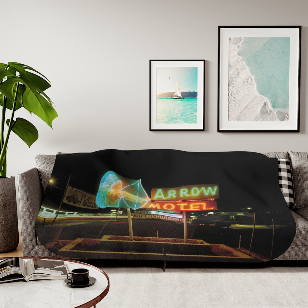 Neon Arrow Motel Sherpa Blanket — Retro Neon Sign Cozy Throw