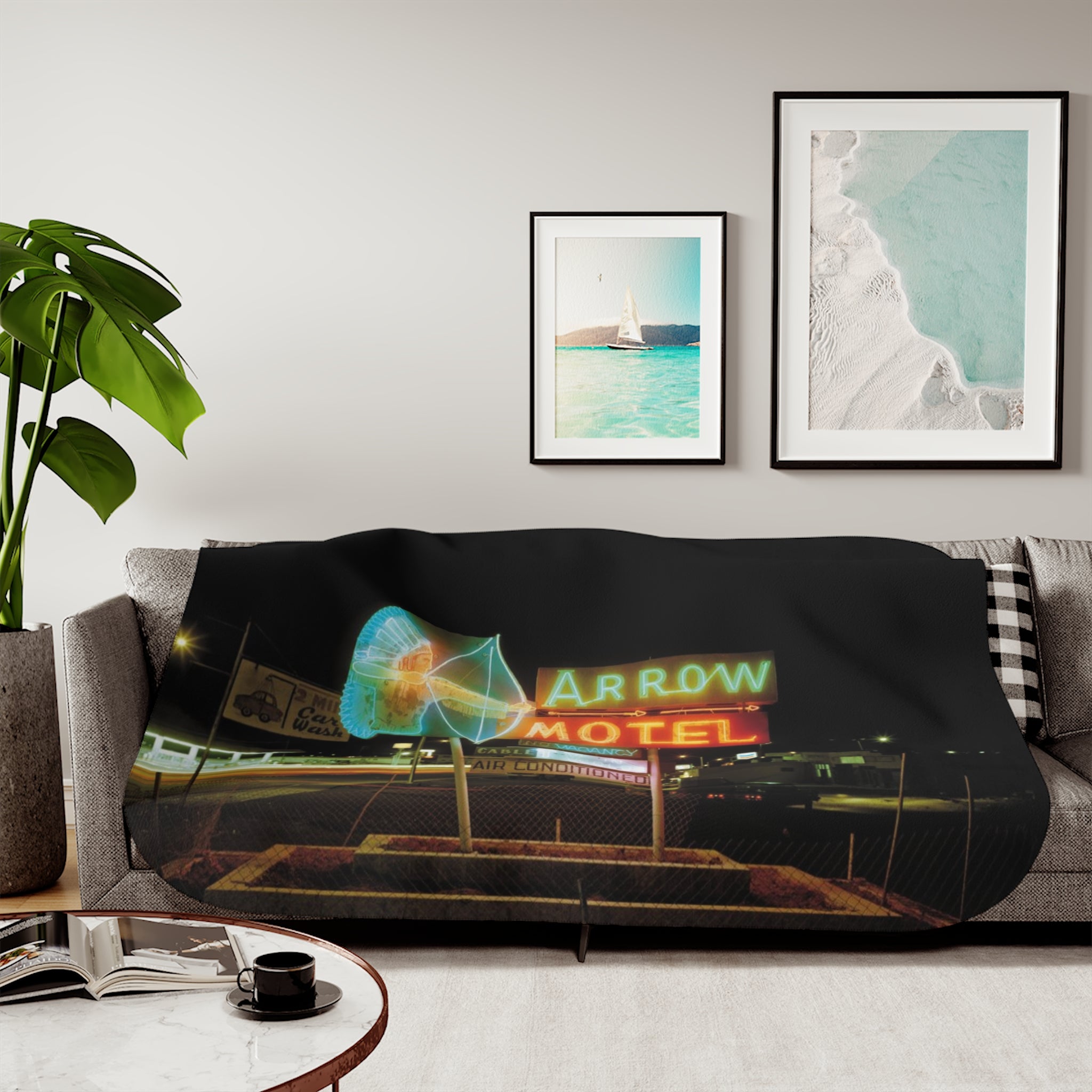 Neon Arrow Motel Sherpa Blanket — Retro Neon Sign Cozy Throw