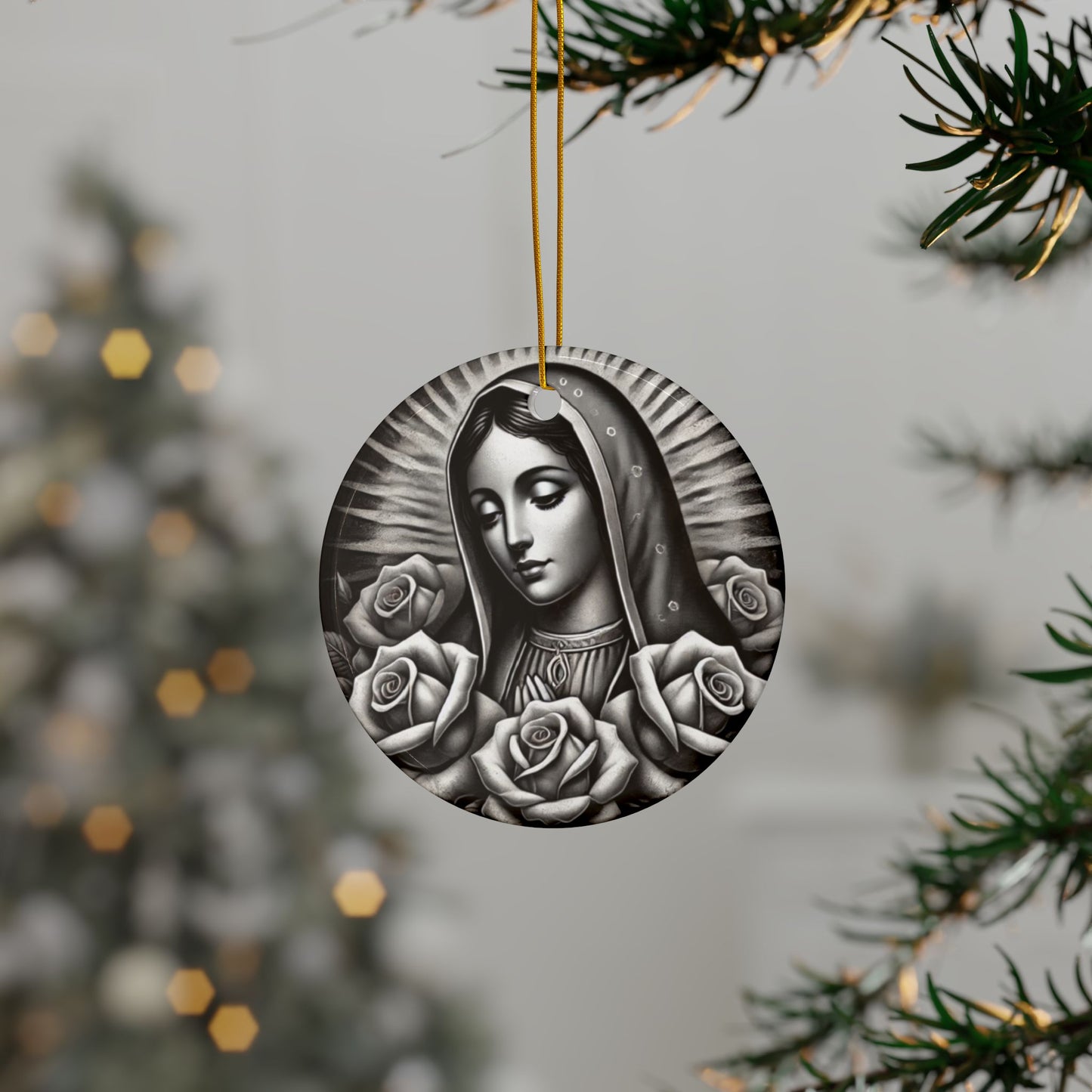 Ceramic Ornaments, Virgin Marry Design with Roses, Christmas Tree Decoration, Holiday Gift, Religious Ornament, Catholic Decor, Christian