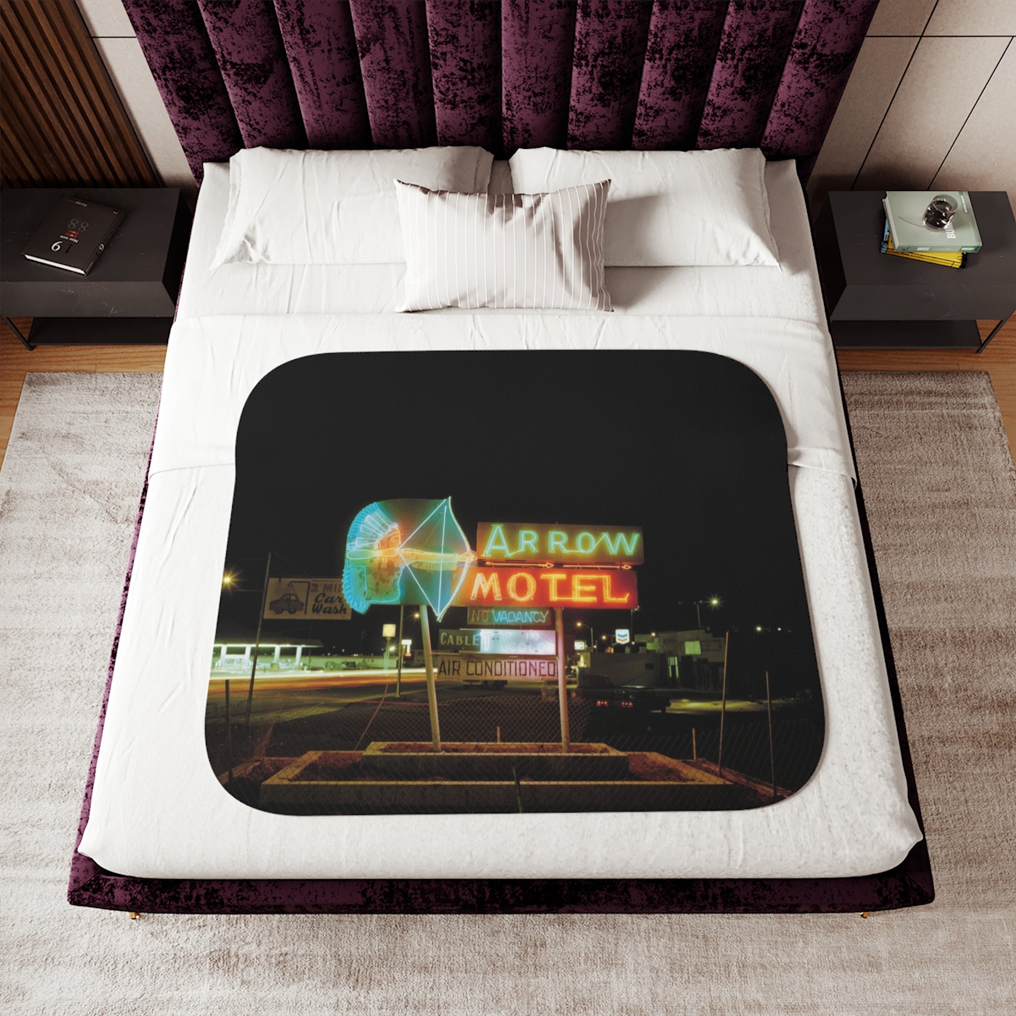 Neon Arrow Motel Sherpa Blanket — Retro Neon Sign Cozy Throw