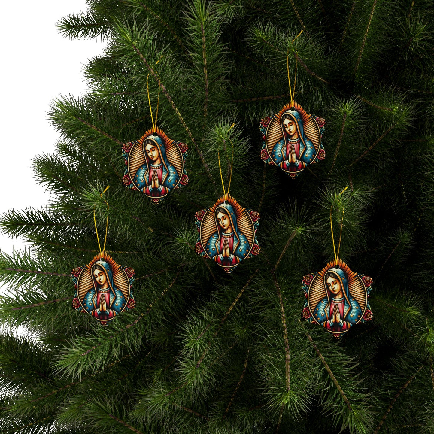 Virgin De Guadalupe Vibrant Ceramic Ornaments - Unique Two-Sided Holiday Decor, Beautiful Gifts for Christmas, Housewarming, and Religious Celebrations.