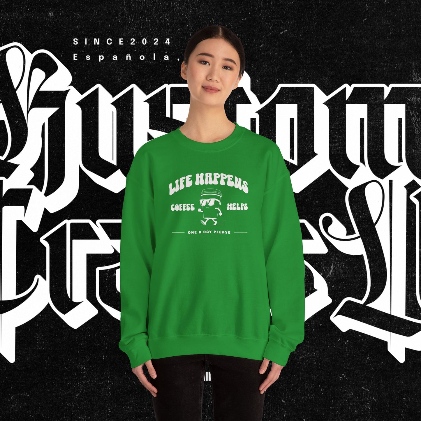 Life Happens Coffee Helps Sweatshirt, Funny Quote Jumper, Cozy Pullover, Gift for Coffee Lovers, Crew Neck Sweater, Comfy Shirt