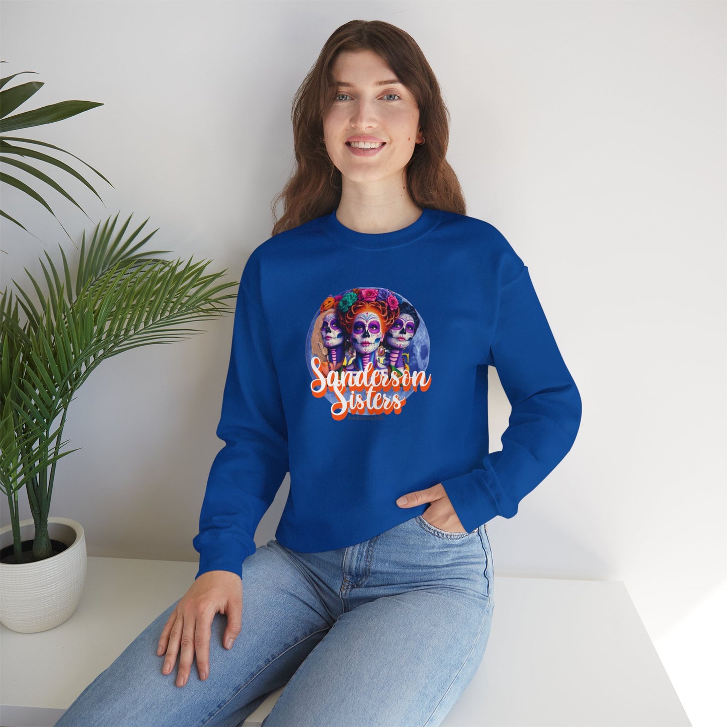 Sanderson Sisters Day of the Dead Crewneck Sweatshirt, Cozy Sweatshirt for Fall, Halloween Outfit, Gift for Sister, Skull Art Apparel