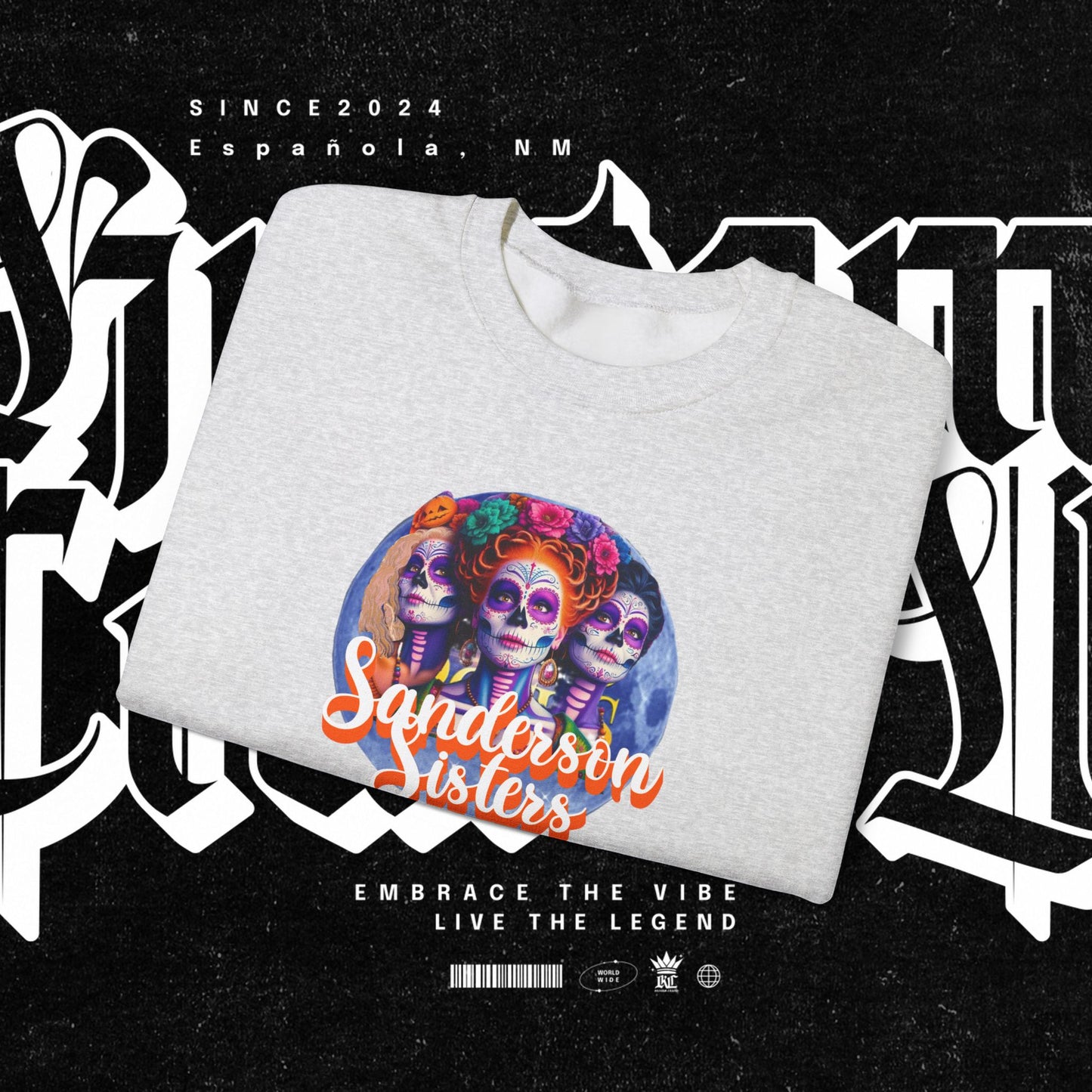 Sanderson Sisters Day of the Dead Crewneck Sweatshirt, Cozy Sweatshirt for Fall, Halloween Outfit, Gift for Sister, Skull Art Apparel