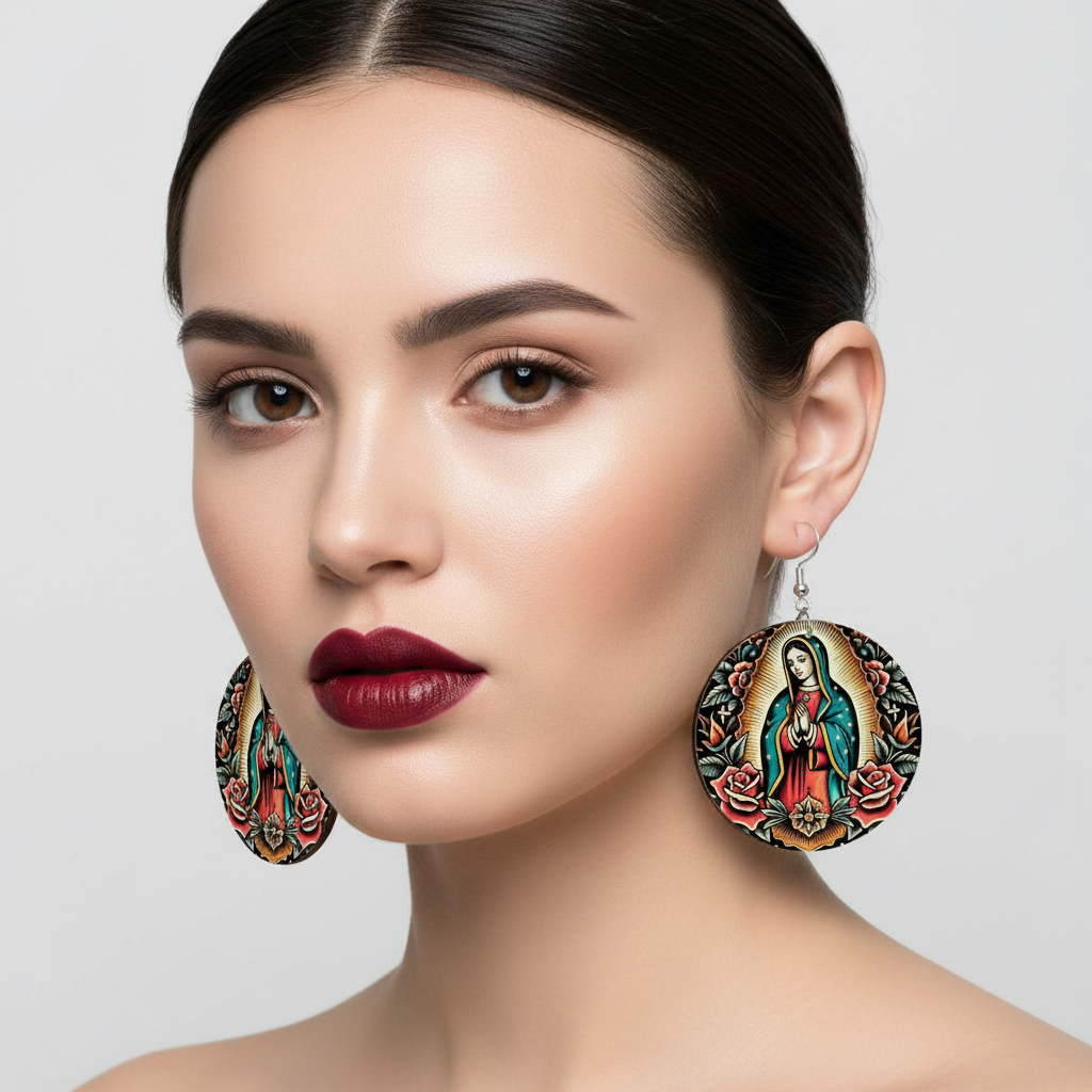 Virgen De Guadalupe - Leather Round Earrings