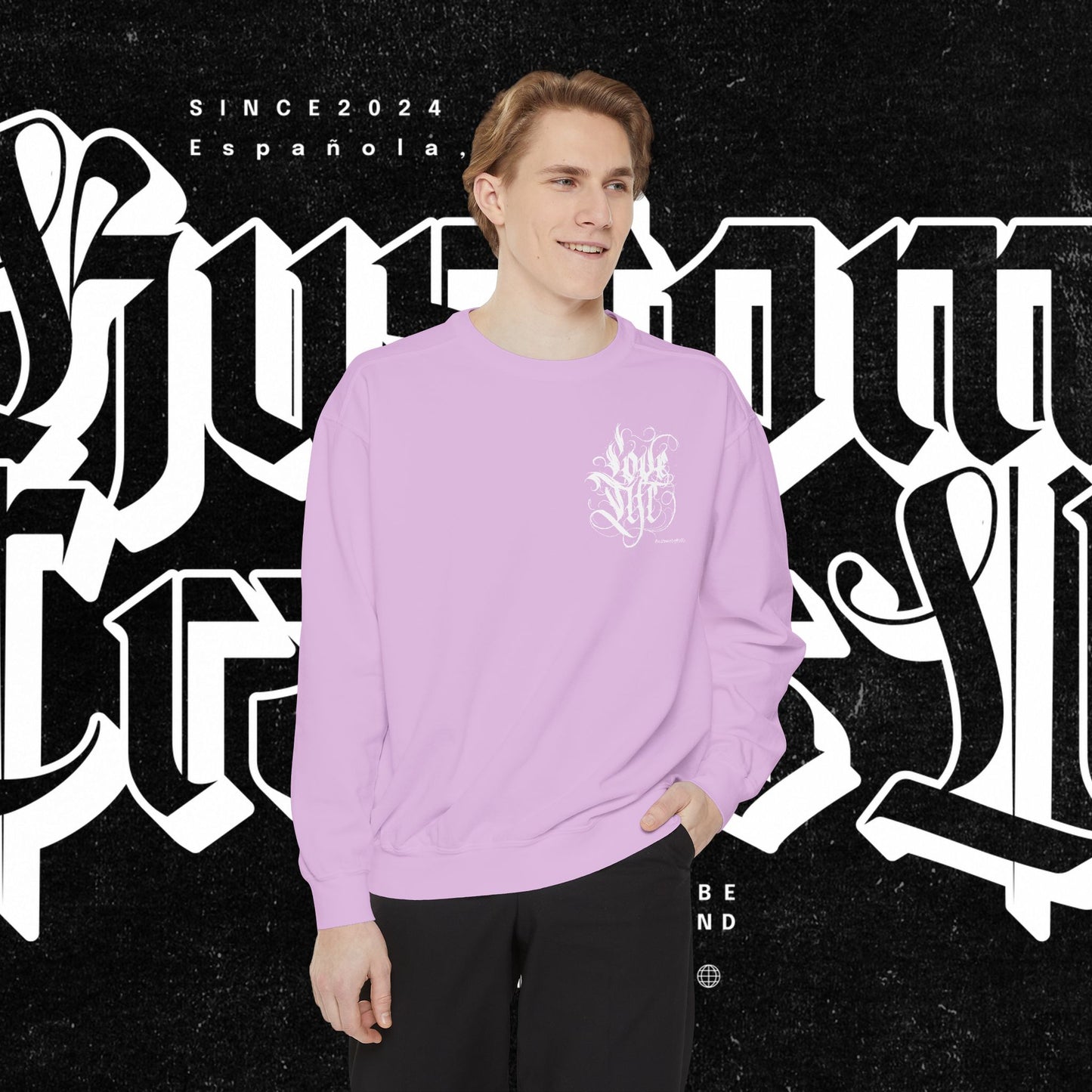 Love Life Graffiti Garment-Dyed Sweatshirt for Cozy Days, Unisex Comfortable Crewneck, Perfect Gift for Birthdays, Holidays, Casual Wear
