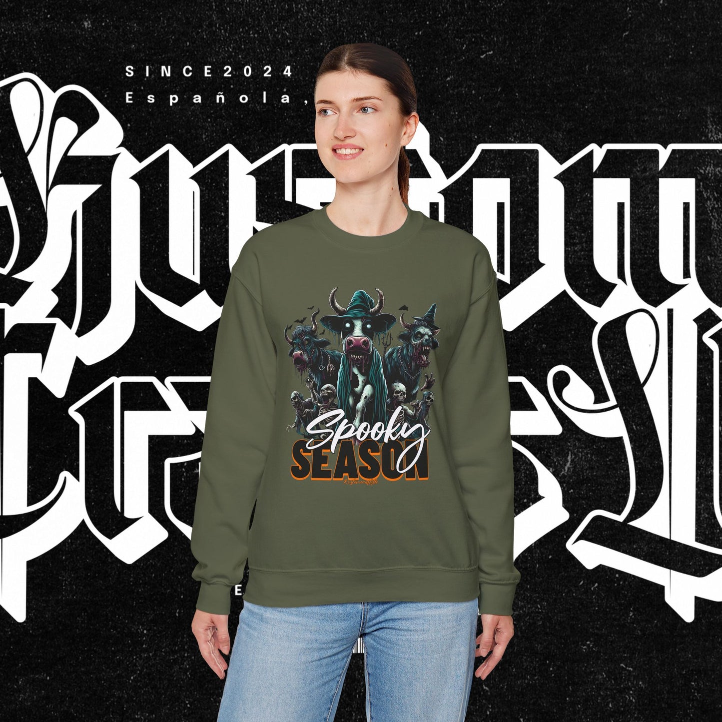 Spooky Cow Season Crewneck Sweatshirt, Halloween Apparel, Unisex Halloween Sweatshirt, Cozy Fall Fashion, Unique Gift Idea