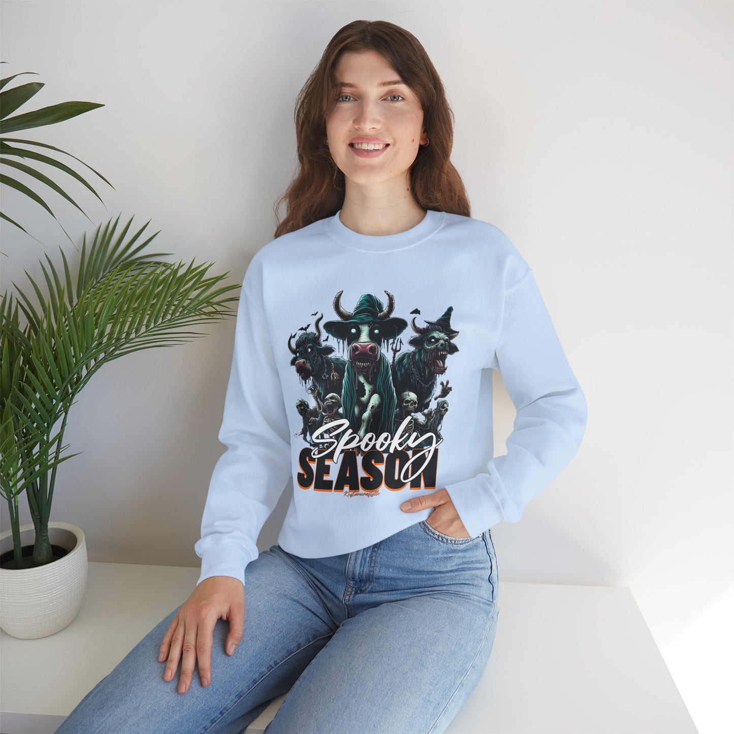 Spooky Cow Season Crewneck Sweatshirt, Halloween Apparel, Unisex Halloween Sweatshirt, Cozy Fall Fashion, Unique Gift Idea