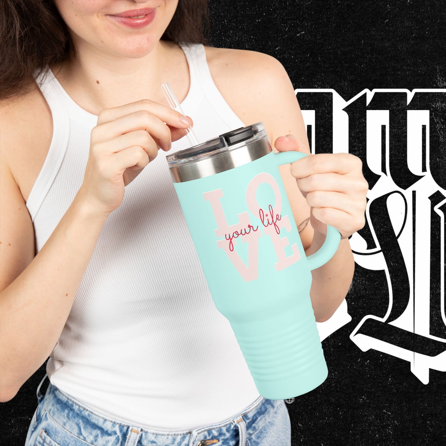 Love Your Life Insulated Travel Mug, 40oz - Motivational Coffee Cup for Commuters, Inspirational Tea Tumbler, Positive Energy Drinkware,