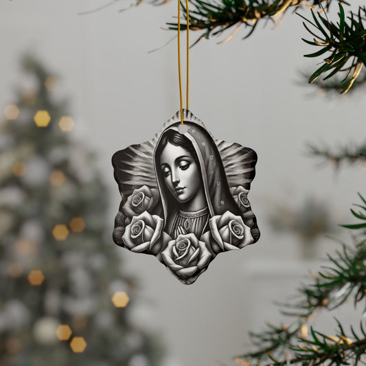 Ceramic Ornaments, Virgin Marry Design with Roses, Christmas Tree Decoration, Holiday Gift, Religious Ornament, Catholic Decor, Christian