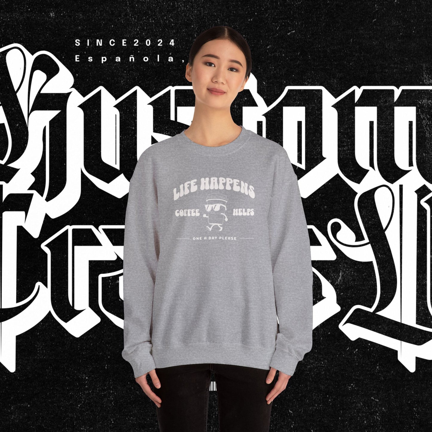 Life Happens Coffee Helps Sweatshirt, Funny Quote Jumper, Cozy Pullover, Gift for Coffee Lovers, Crew Neck Sweater, Comfy Shirt