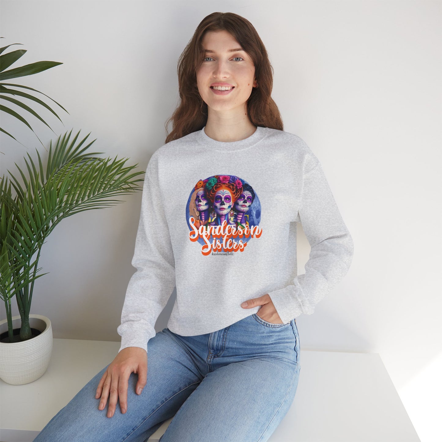 Sanderson Sisters Day of the Dead Crewneck Sweatshirt, Cozy Sweatshirt for Fall, Halloween Outfit, Gift for Sister, Skull Art Apparel