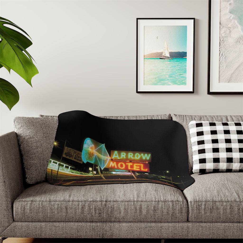 Neon Arrow Motel Sherpa Blanket — Retro Neon Sign Cozy Throw