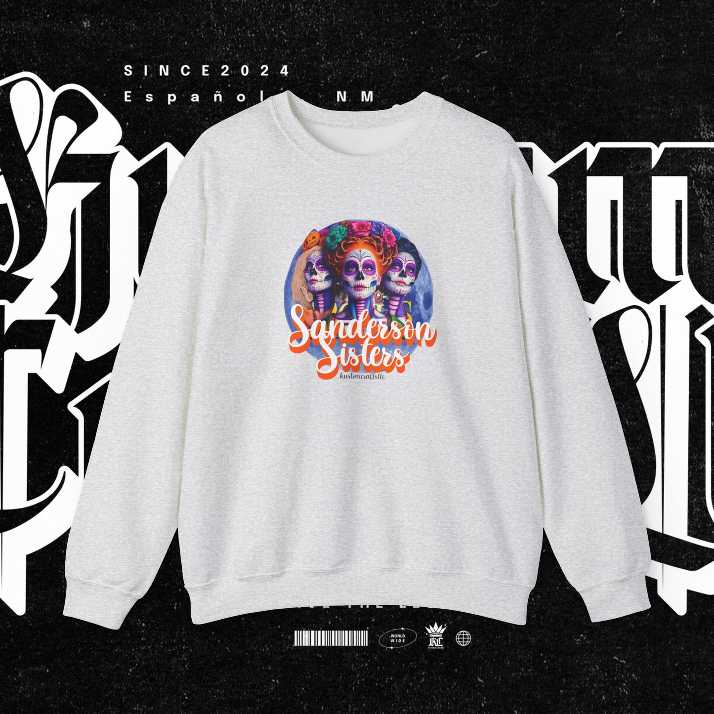 Sanderson Sisters Day of the Dead Crewneck Sweatshirt, Cozy Sweatshirt for Fall, Halloween Outfit, Gift for Sister, Skull Art Apparel