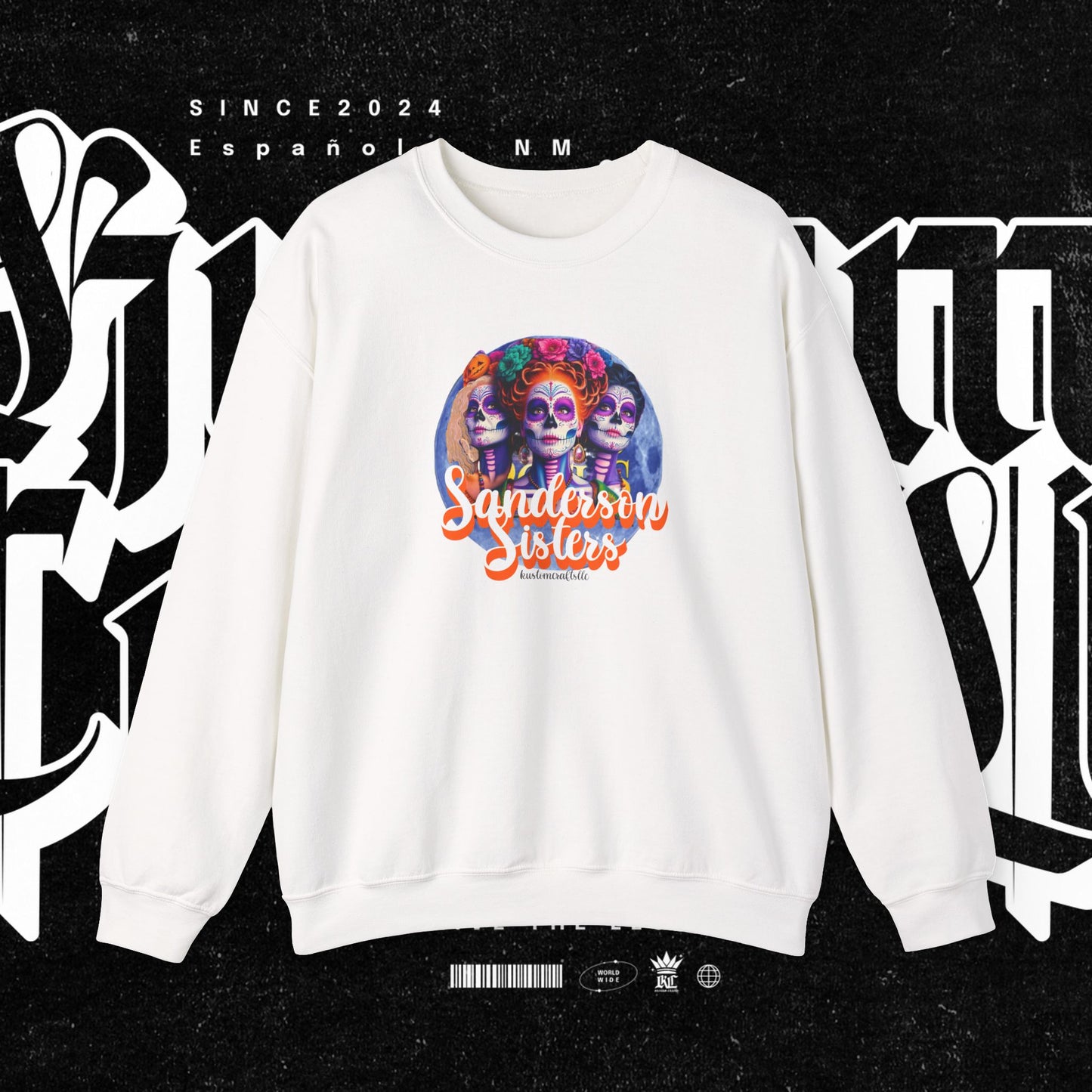 Sanderson Sisters Day of the Dead Crewneck Sweatshirt, Cozy Sweatshirt for Fall, Halloween Outfit, Gift for Sister, Skull Art Apparel