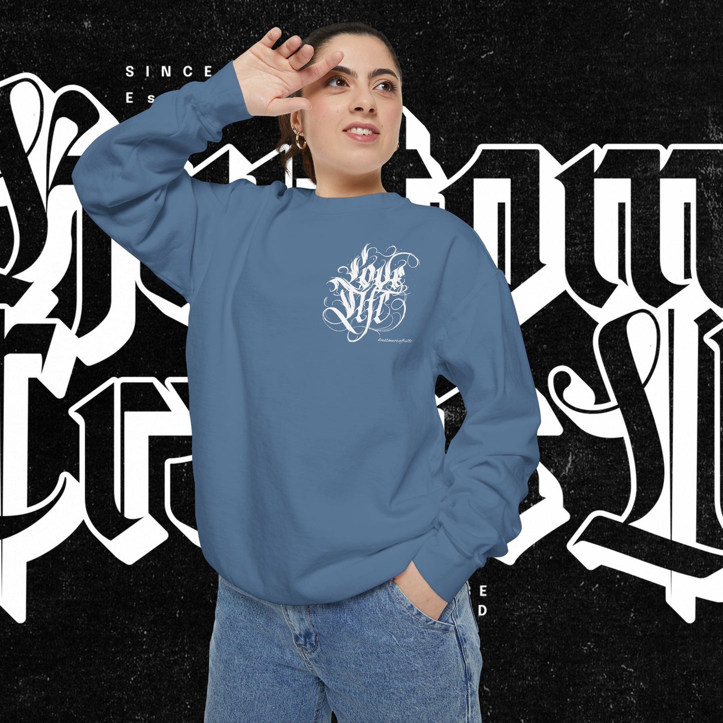 Love Life Graffiti Garment-Dyed Sweatshirt for Cozy Days, Unisex Comfortable Crewneck, Perfect Gift for Birthdays, Holidays, Casual Wear