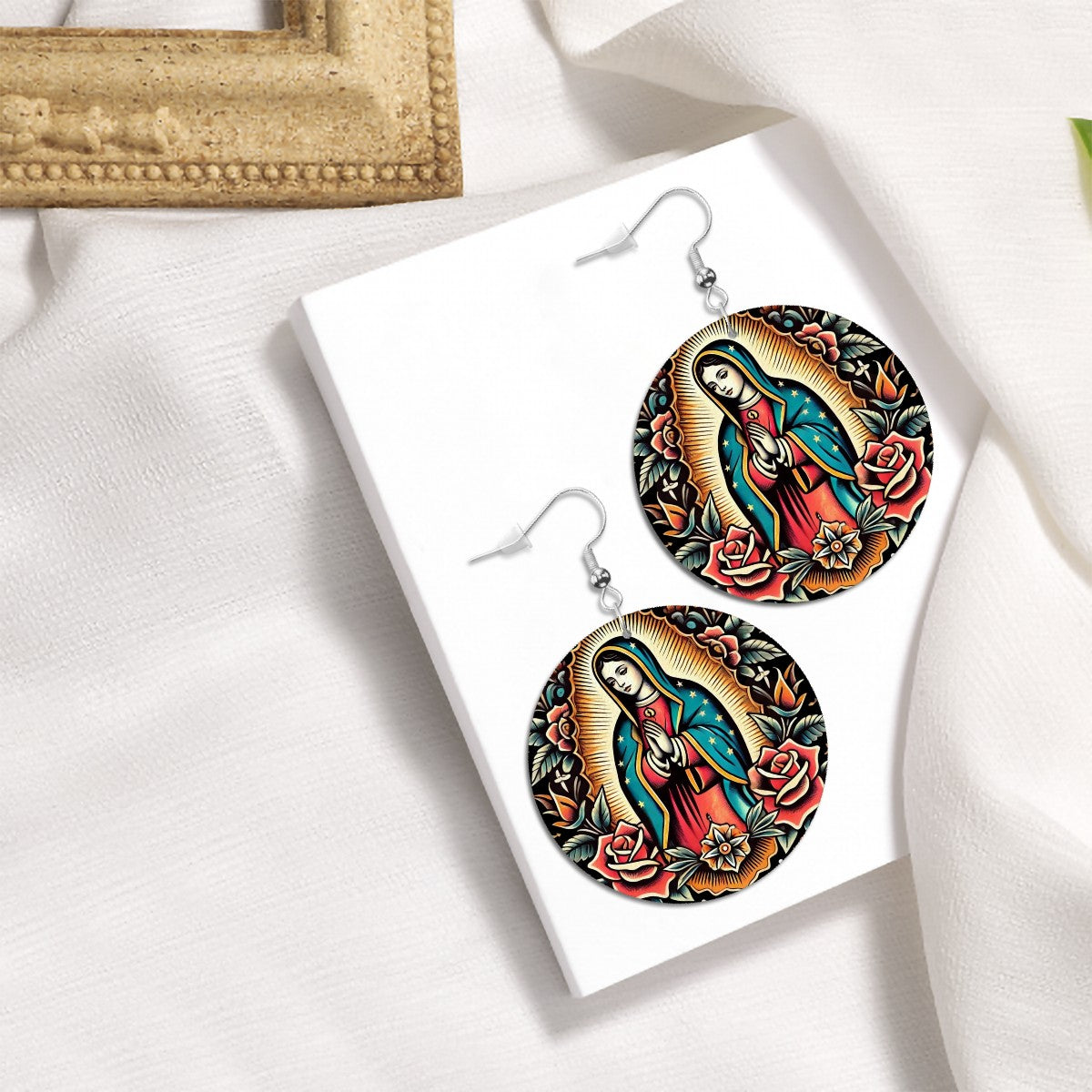 Virgen De Guadalupe - Leather Round Earrings