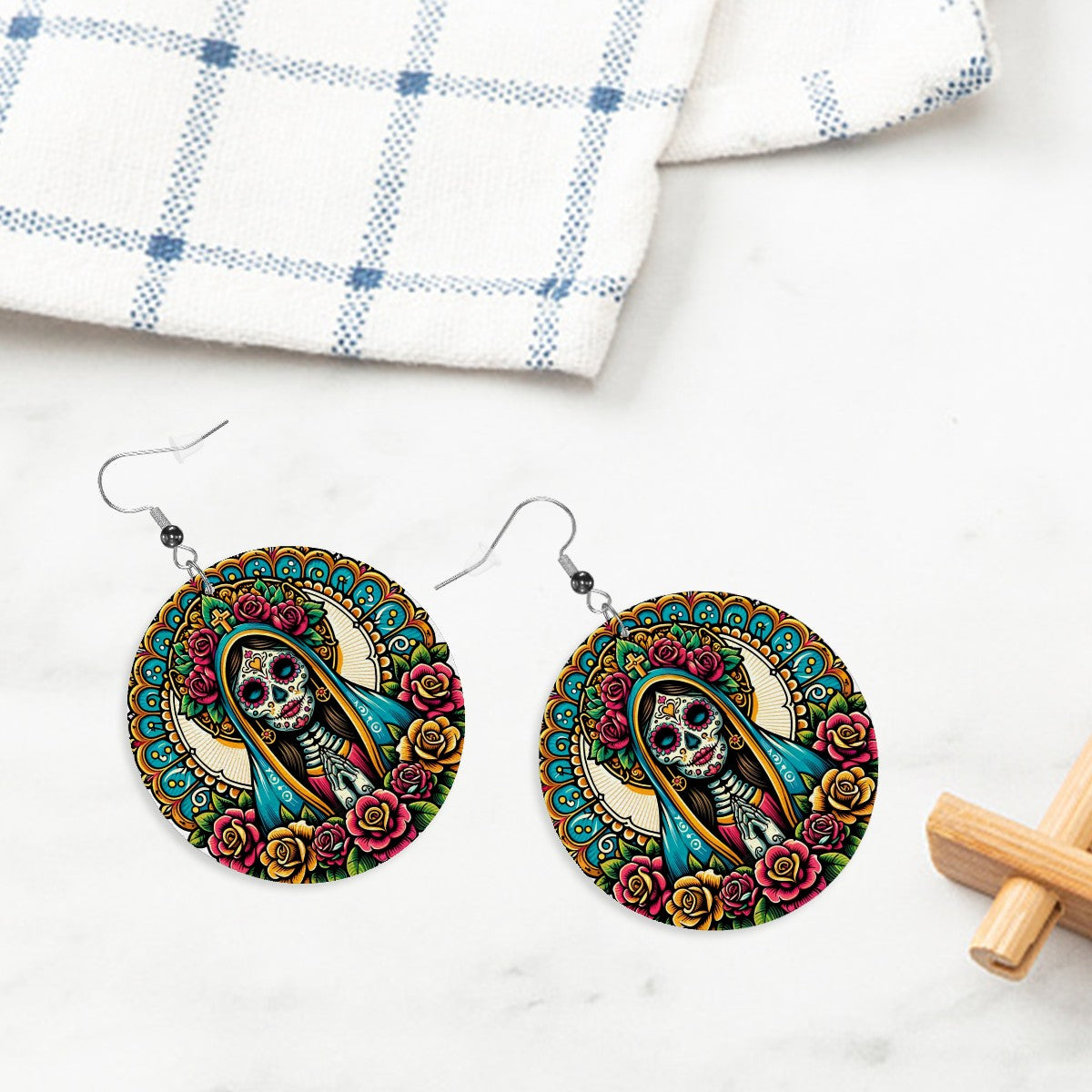 Dia De Los Muertos Virgen - Leather Round Earrings