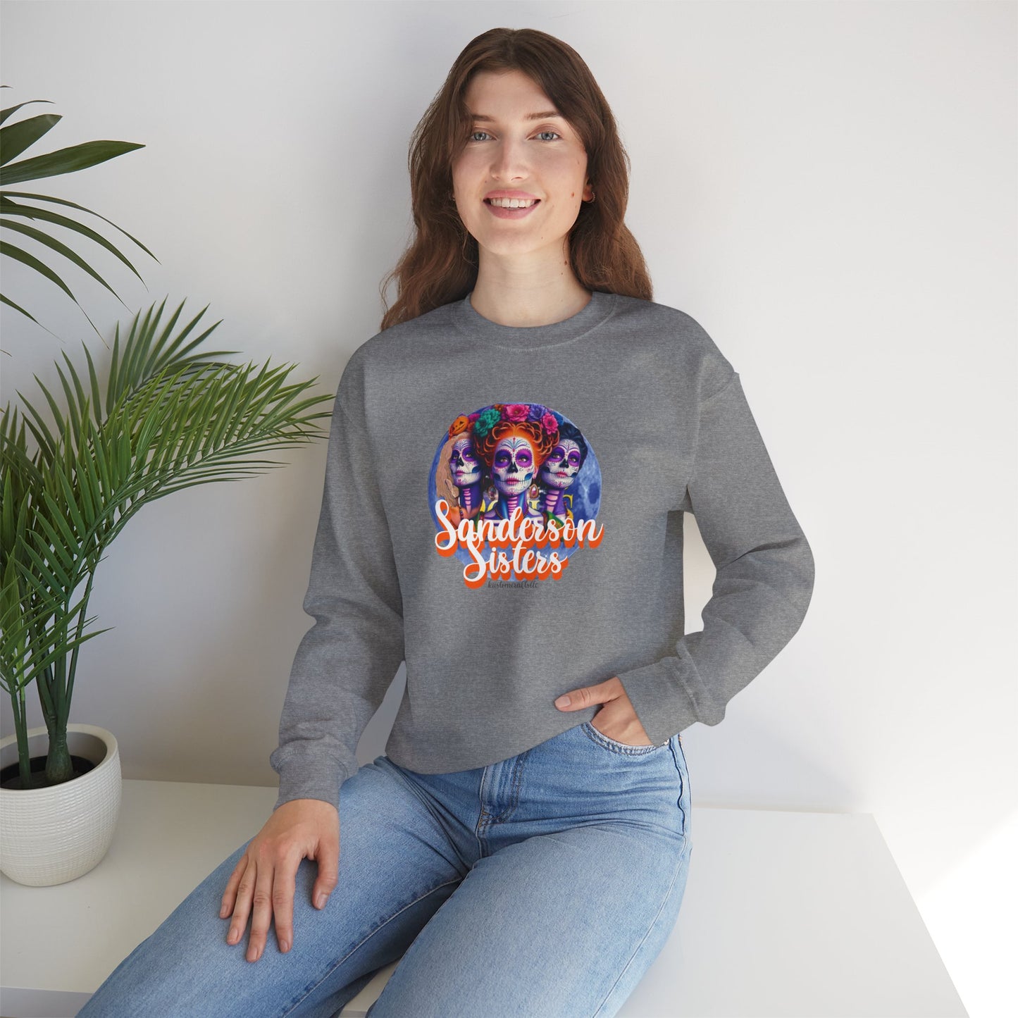 Sanderson Sisters Day of the Dead Crewneck Sweatshirt, Cozy Sweatshirt for Fall, Halloween Outfit, Gift for Sister, Skull Art Apparel