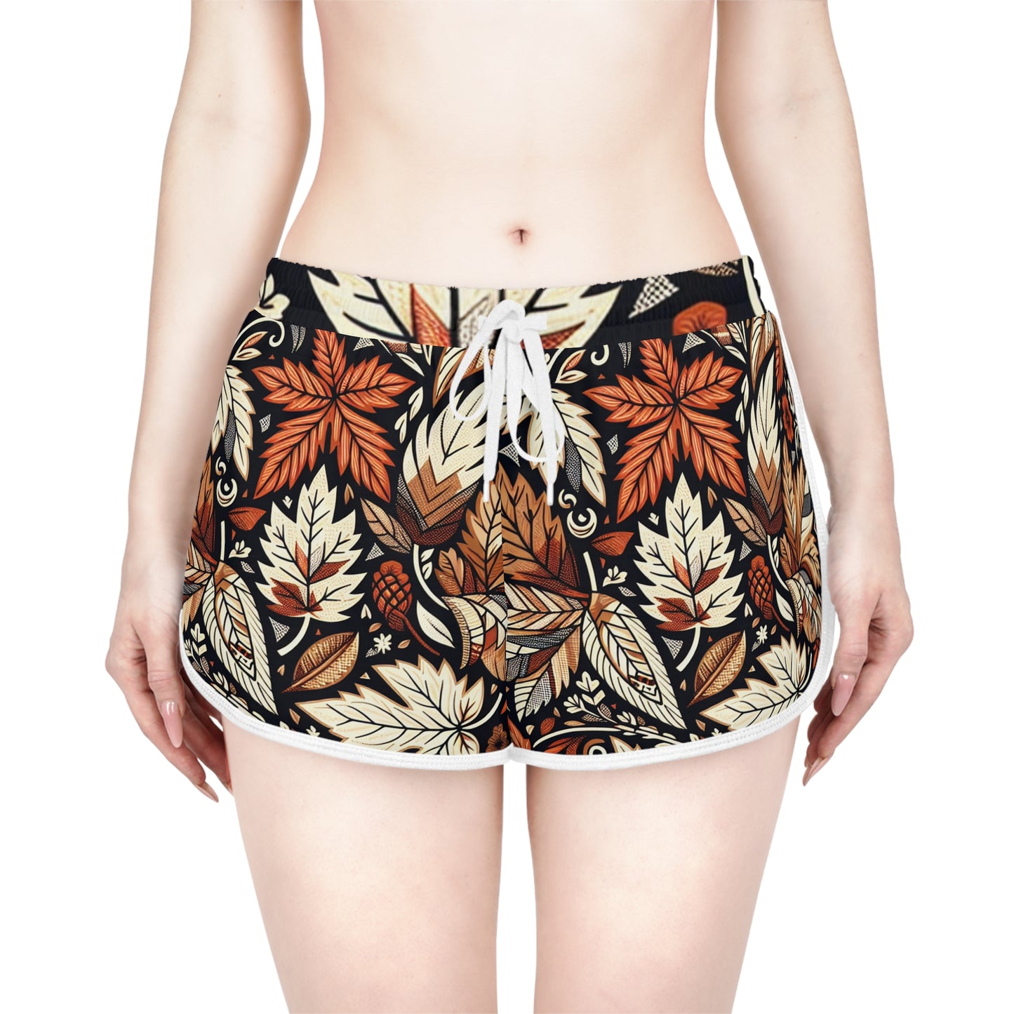 Autumn Leaf Print Women's Relaxed Shorts, Boho Style Lounge Shorts, AOP Shorts for Casual Wear, Fall Fashion, Summer Beachwear, Gift for Her