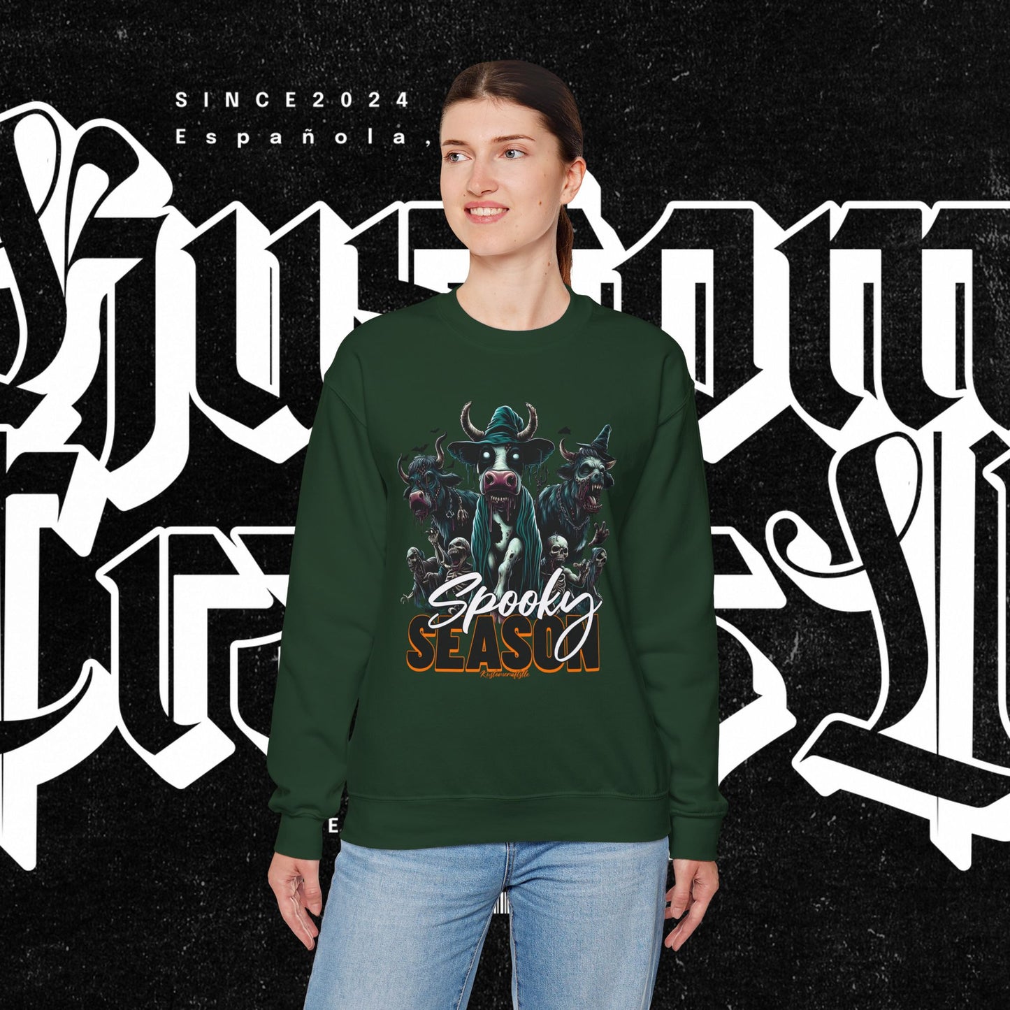 Spooky Cow Season Crewneck Sweatshirt, Halloween Apparel, Unisex Halloween Sweatshirt, Cozy Fall Fashion, Unique Gift Idea