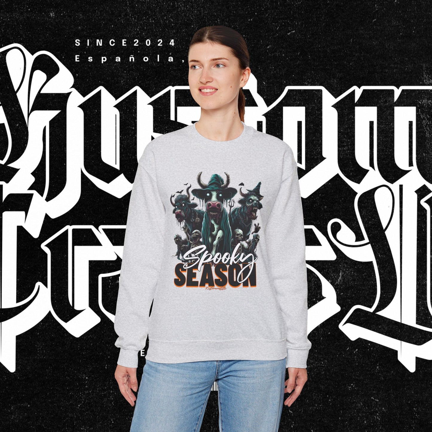 Spooky Cow Season Crewneck Sweatshirt, Halloween Apparel, Unisex Halloween Sweatshirt, Cozy Fall Fashion, Unique Gift Idea