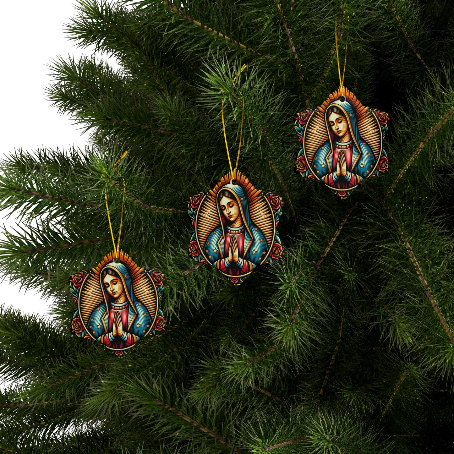 Virgin De Guadalupe Vibrant Ceramic Ornaments - Unique Two-Sided Holiday Decor, Beautiful Gifts for Christmas, Housewarming, and Religious Celebrations.