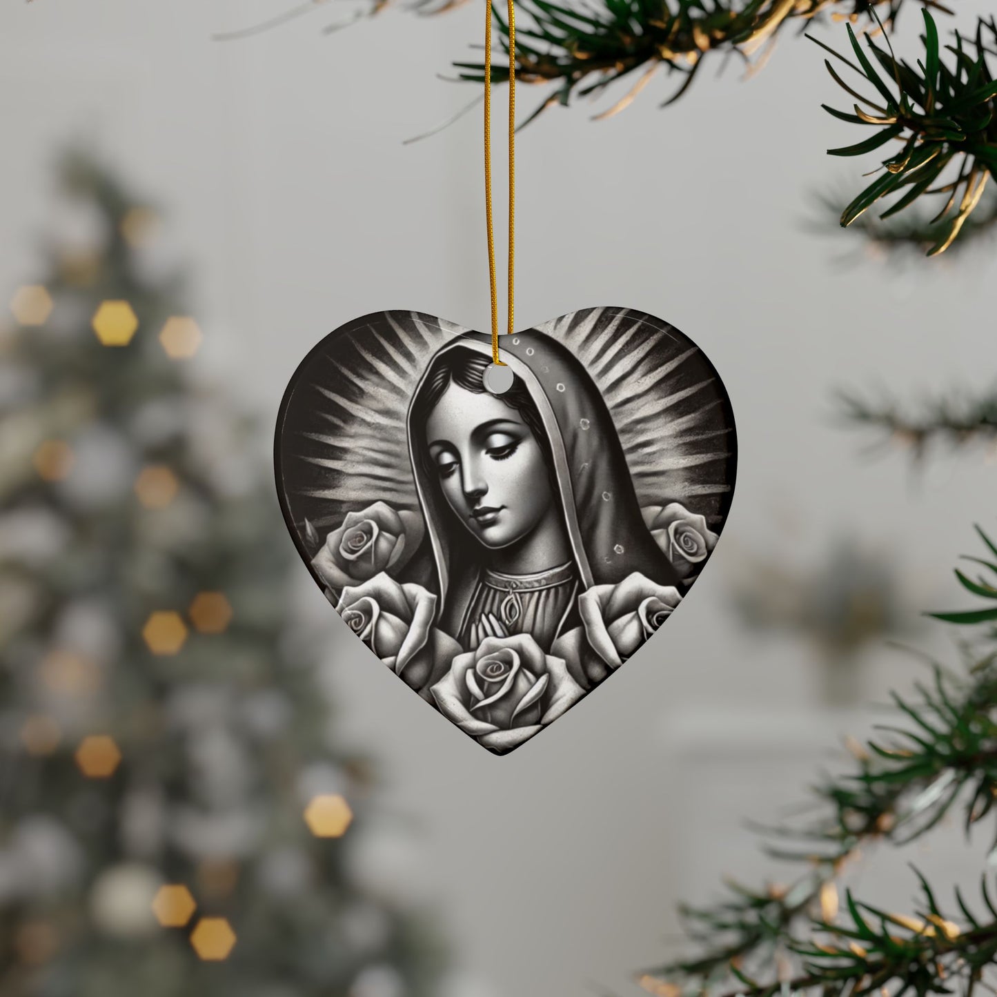 Ceramic Ornaments, Virgin Marry Design with Roses, Christmas Tree Decoration, Holiday Gift, Religious Ornament, Catholic Decor, Christian